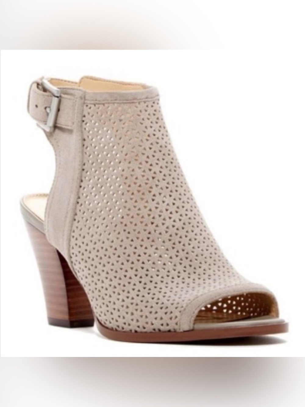 Sam Edelman Henri Perforated Leather Taupe Open-Toe Ankle Bootie with Buckle.